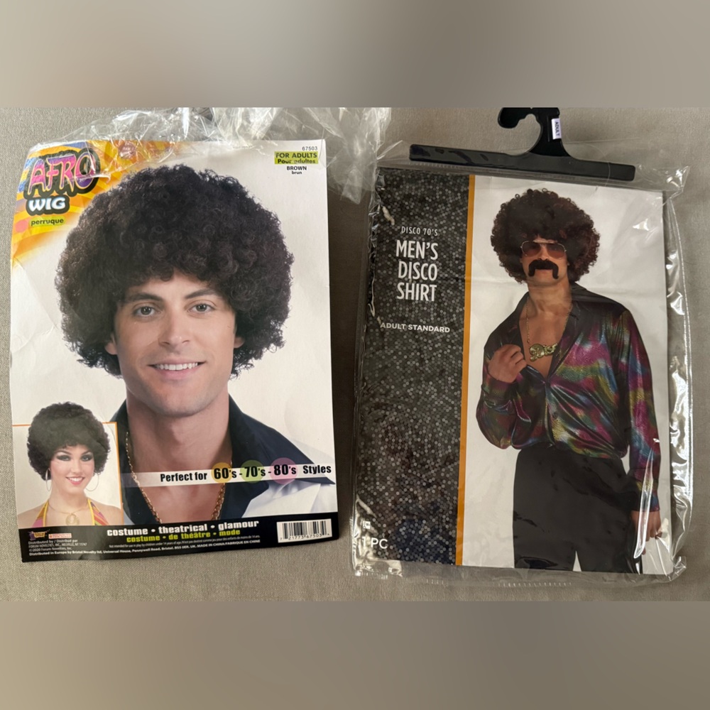 70’s Disco Shirt Halloween Costume & Brown Afro Wig